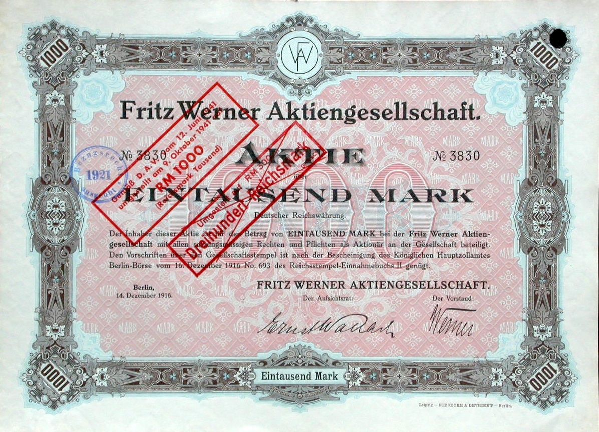 Documenti: Fritz Werner AG Berlin - 1916 – Usato da Solothurn venduto da Sgasche