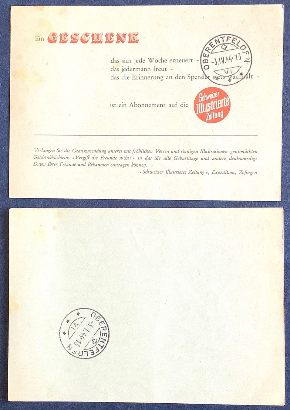 Tutti i francobolli: 1944 - 2 Postkarten Schweizer illustrierte Maschinenstempel – Usato da Liestal venduto da Pep3 1