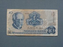 Alte 10 Norwegische Kronen Banknote von 1979, Skandinavien