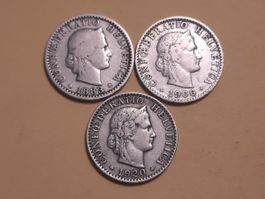 Schweiz Lot 3 Stück à 20 Rappen 1883-1920