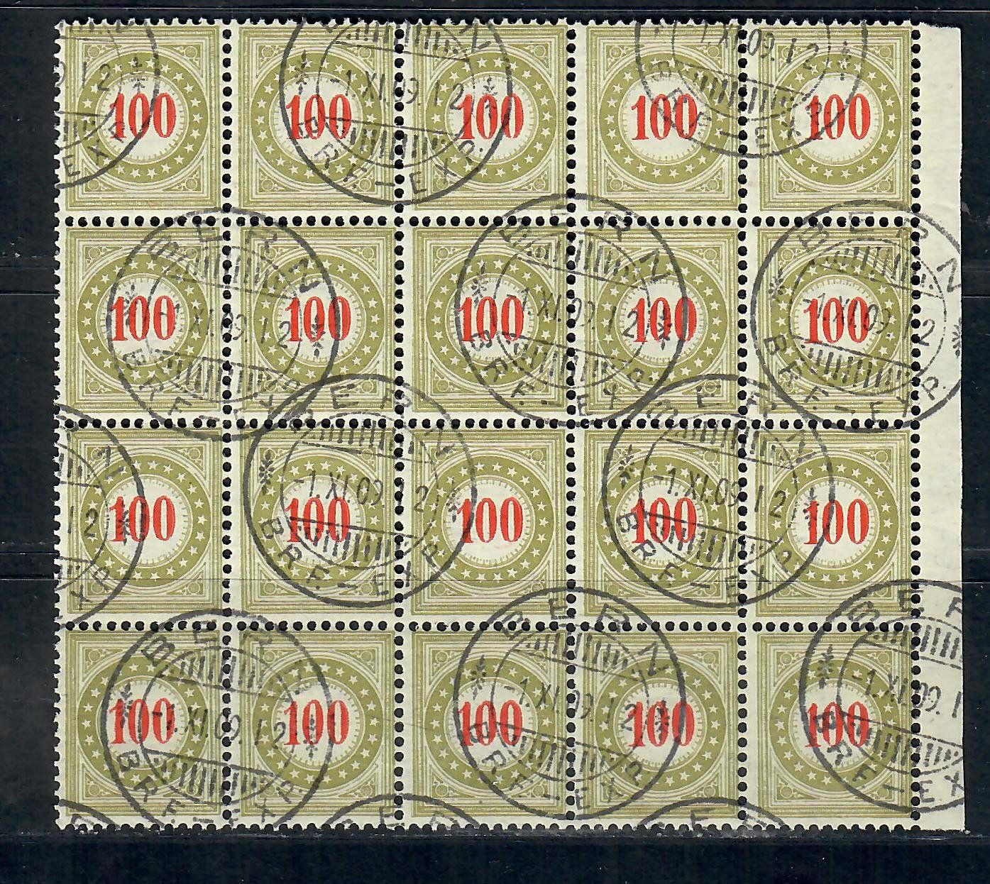 Tutti i francobolli: 1908: 20er Block 28BIIN+K. Portomarken gestempelt. – Usato da Endingen venduto da briefmarkenmeier57