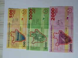 3 Banknoten Burundi 500 1000 2000 Francs 2023, Neuwertig