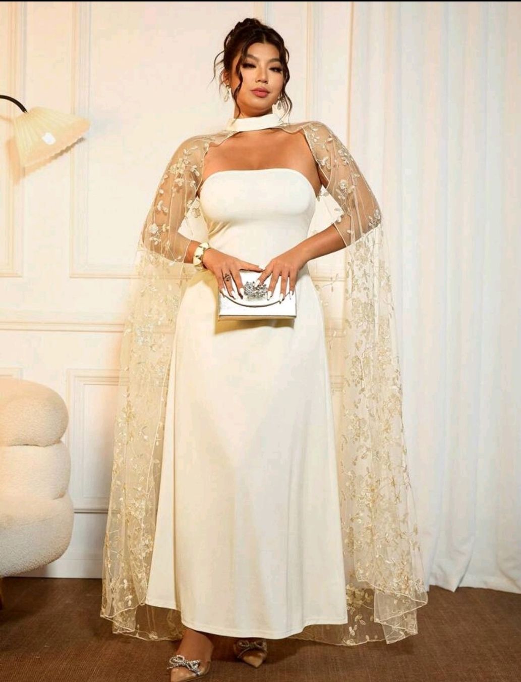Shein Vestiti: Robe beige élégante avec cape dentelle dorée, chic! – Nuovo e nell'imballaggio originale da Genève venduto da sar_wnp8