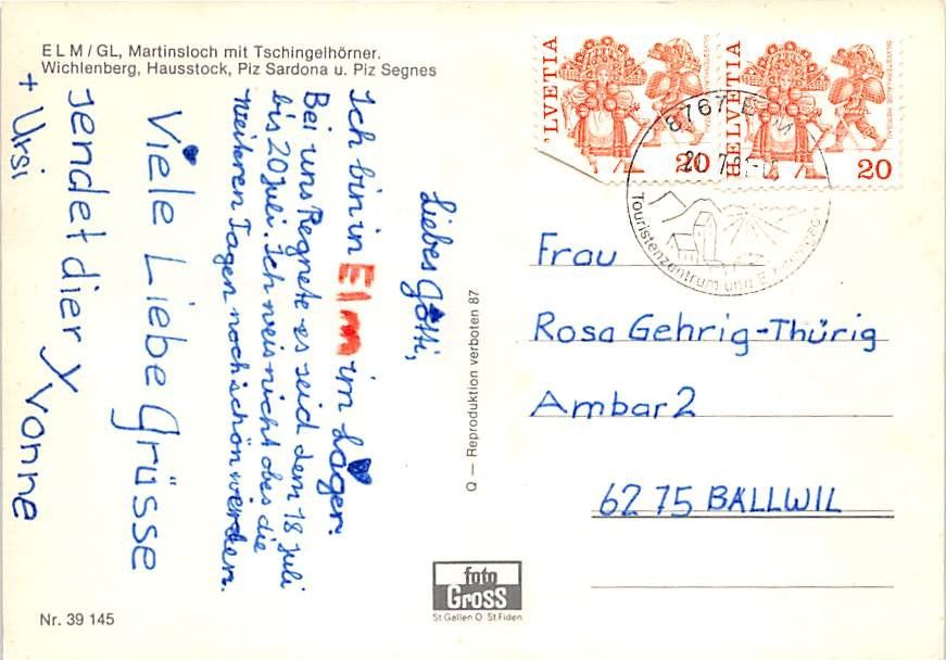 Cartoline postali: GL - Elm, Martinsloch – Usato da Ottikon b.Kemptth. venduto da Neptun1974 1