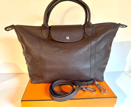 Sac Longchamp "Le Pliage Cuir" - marron moka, taille M