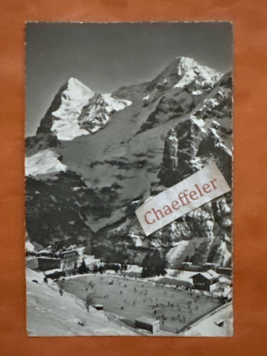 Cartoline postali: 1964 Mürren,  Palace Eisbahn. Eiger Mönch Jungfrau – Usato da Zürich venduto da Chaeffeler