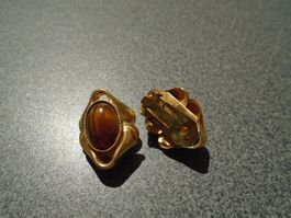 Ohrclips goldfarbig/brauner, ovaler Stein