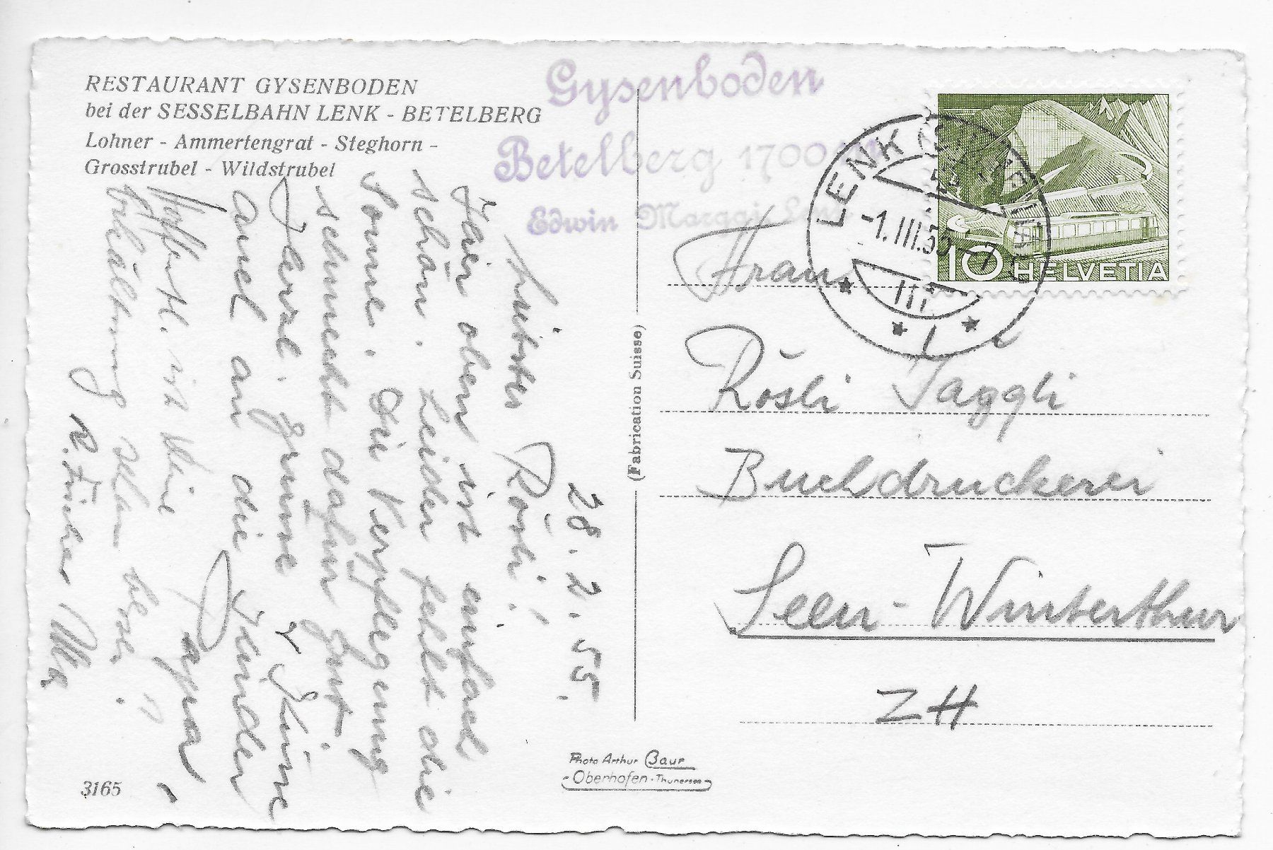 Cartoline postali: Rest. Gysenboden, Lenk Betelberg – Usato da Hefenhofen venduto da Richsalz 1