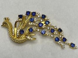 Pfau Brosche mit blauen natürlichen Saphir Silber 925 verg.