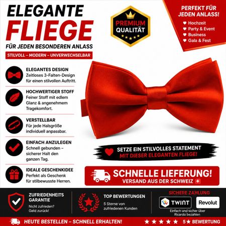 Premium Herrenfliege Rot | Hochzeit, Gala, Party, Business