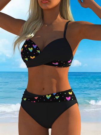 Damen Bikini Schwarz mit buntem Herzmuster – Zweiteiliger Ba