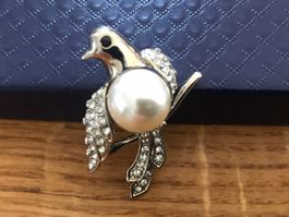 Vintage Vogel Brosche mit Perle und Strass-Steinen