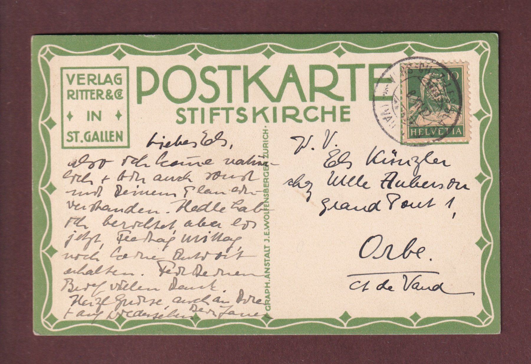 Cartoline postali: ST. GALLEN - Stiftskirche - 1922 – Usato da Pully venduto da nicecards 1