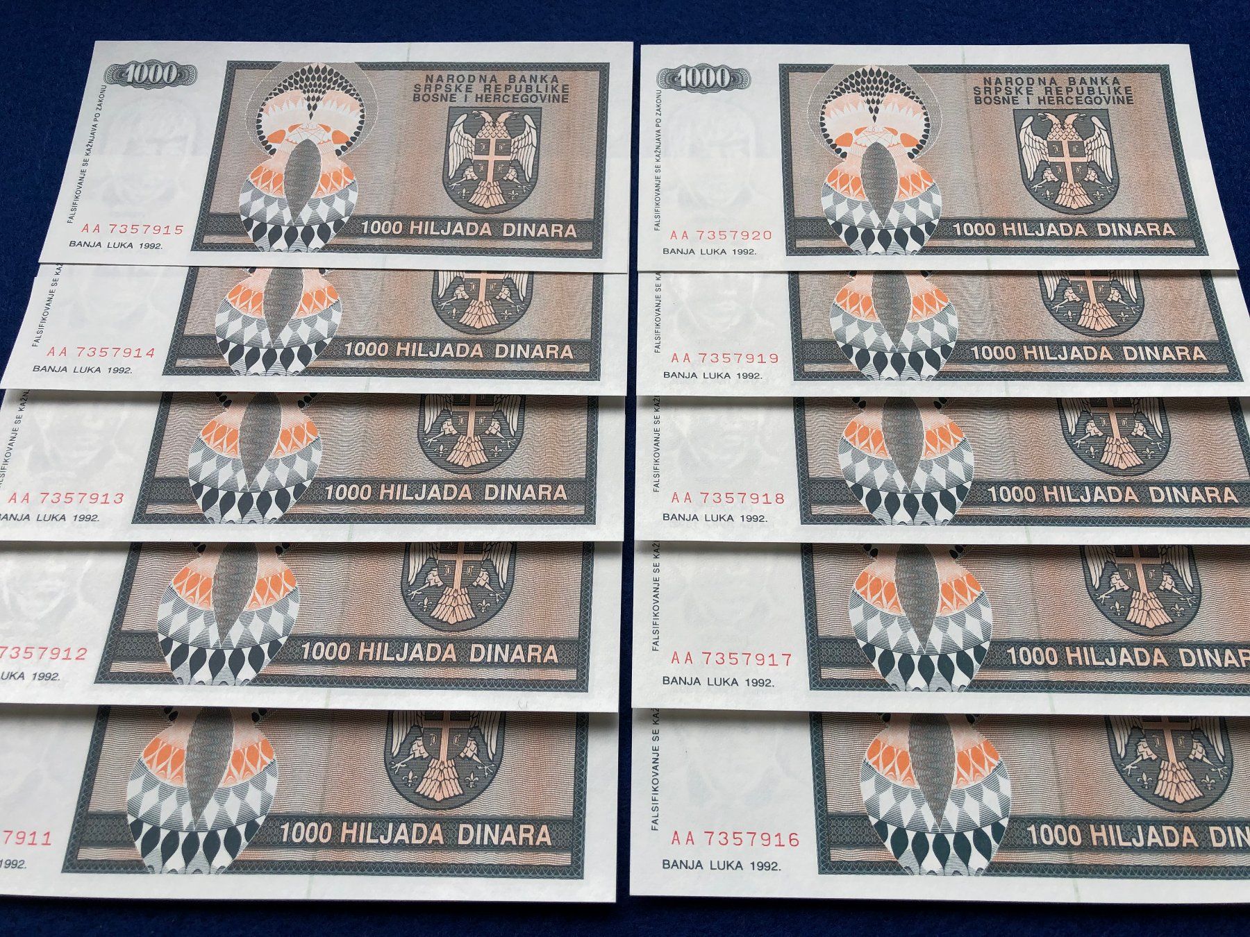 Banconote: Banja Luka 1992 - 10 x 1000 Dinara UNC – Nuovo e nell'imballaggio originale da Pfäffikon SZ venduto da Sieben77 3