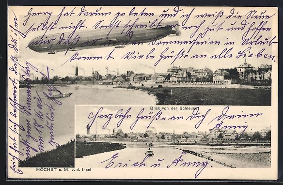 Cartoline postali: Höchst a. M., Zeppelin Luftschiff über – Usato da Berlin venduto da bartko-reher