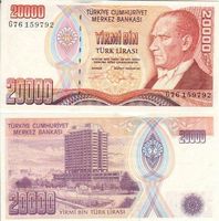 Türkei 20000 lira 1990  unz bankfrisch