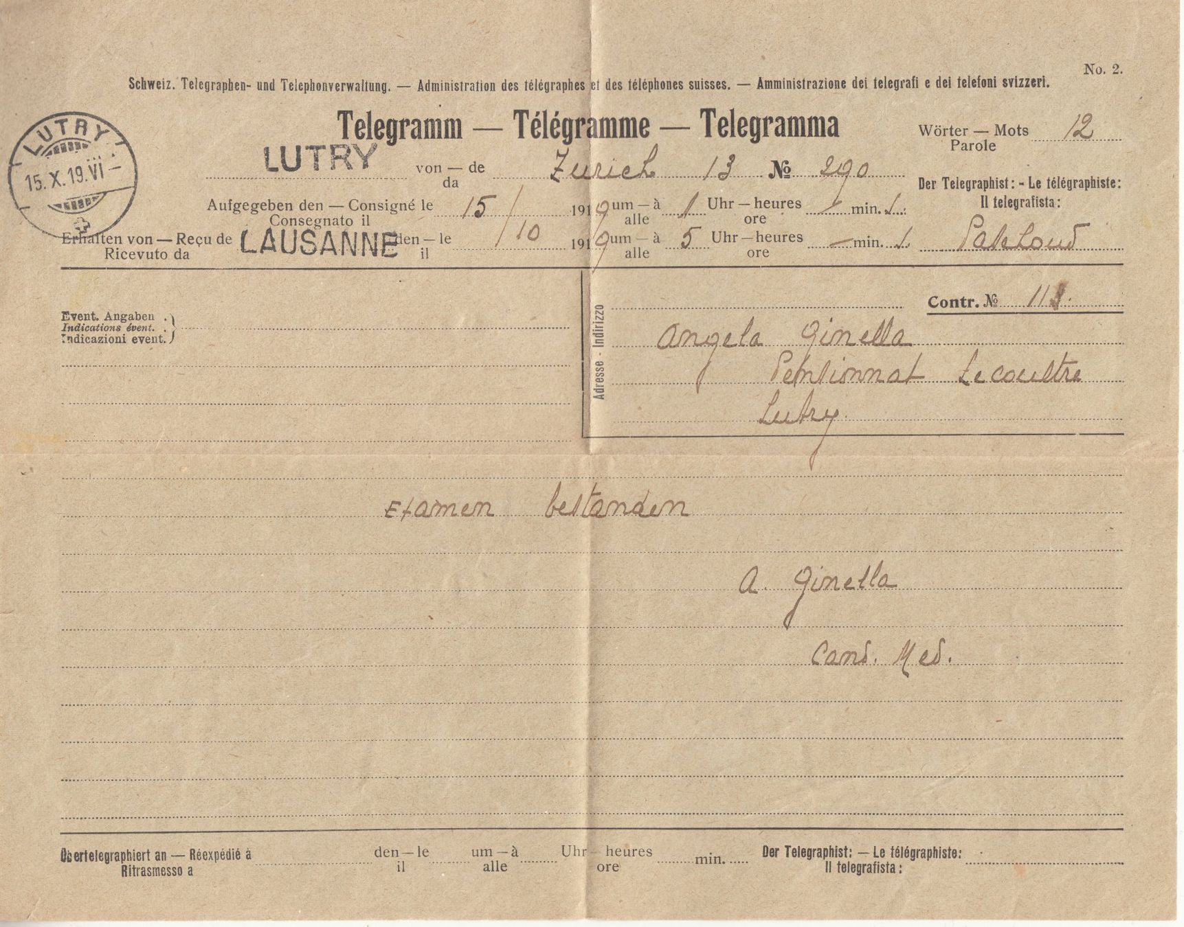 Tutti i francobolli: Telegramm Nr. 2,  1919 mit Stabstempel Lutry – Usato da Bürglen TG venduto da StampGraf