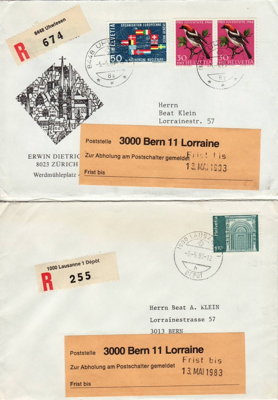 Tutti i francobolli: 089 CH, 8 R-BRIEFE mit Fristzettel BERN LORRAINE – Usato da Bern venduto da markenbak 2
