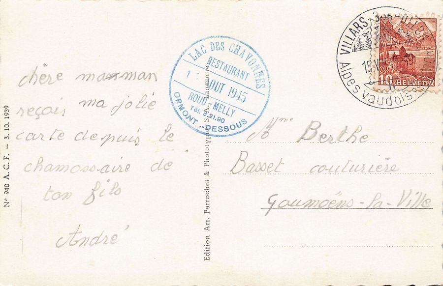 Cartoline postali: ALPIN: Chamossaire, circulée 1945, cachet Restaurant – Usato da Frauenfeld venduto da POML 1