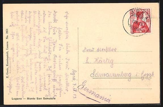 Cartoline postali: AK Lugano, Monte San Salvatore, 1913 – Usato da Berlin venduto da bartko-reher 1