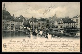 AK Basel, Alte Rheinbrücke und Ufer