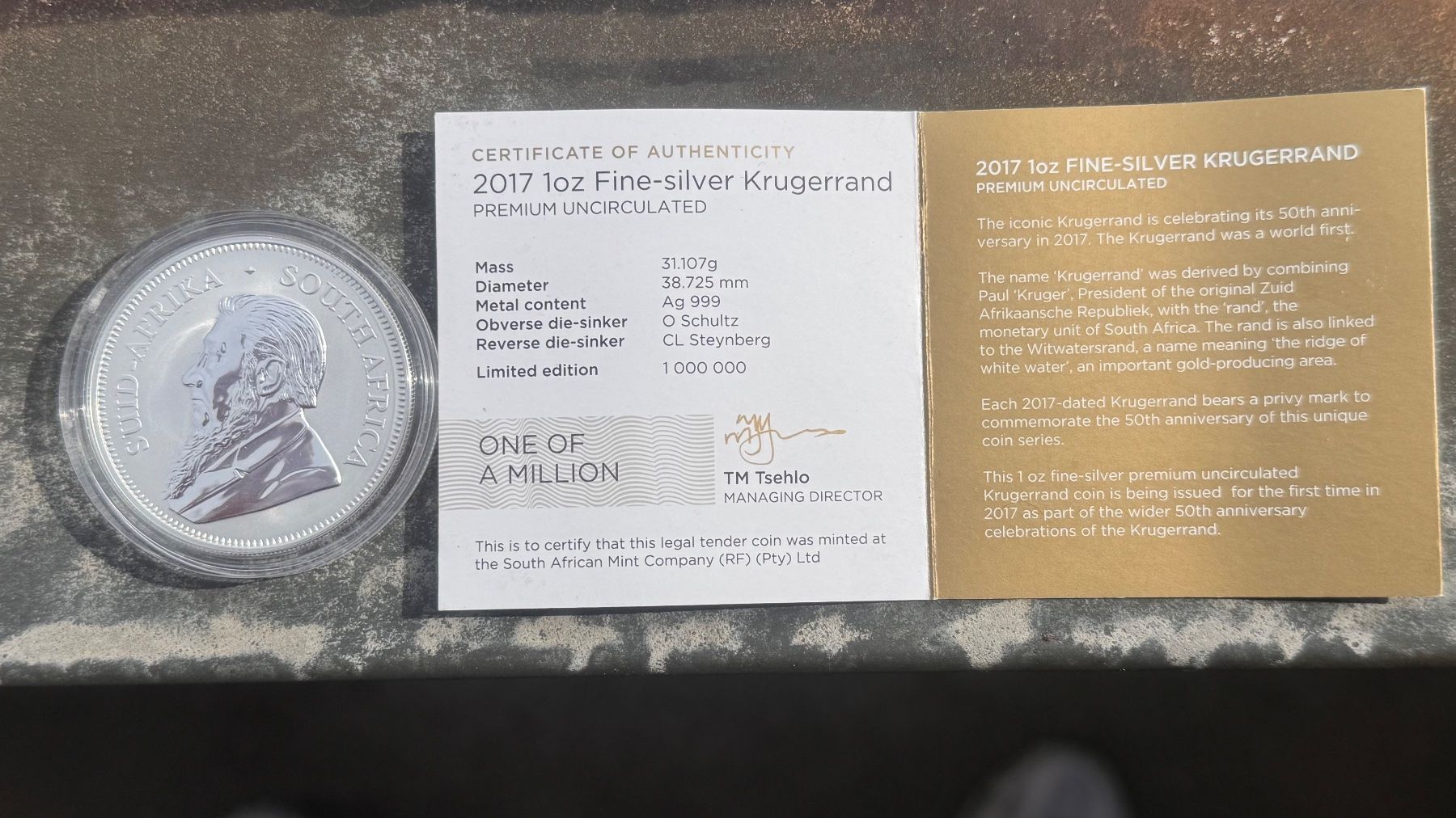 Tutti le monete: Silber Krügerrand 1oz 2017 - 50th Anniversary – Nuovo e nell'imballaggio originale da Birsfelden venduto da Berg41_7 3
