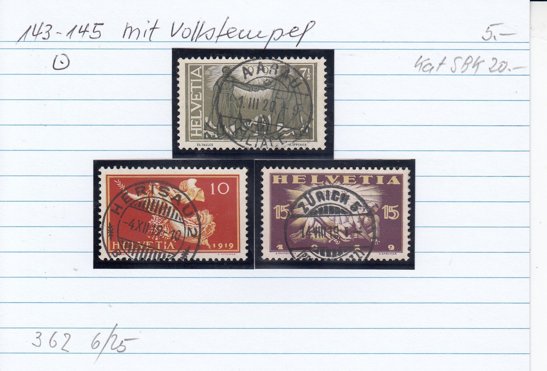 Tutti i francobolli: 143-145 mit Vollstempel, Kat. SBK Fr. 20.00 – Usato da Spreitenbach venduto da Lienbi01 1