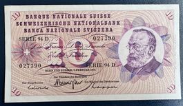 10 Franken Note 1974 94 D, (027390) Ungefaltet!