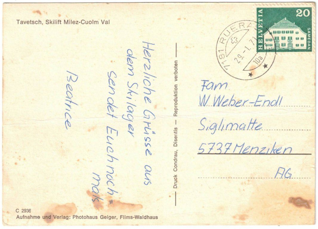 Cartoline postali: Dieni - Skilift Milez-Cuolm Val – Usato da Binningen venduto da Mountainrider 1