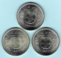 1967, Lot 3x 5 Franken Silber, unz-Stgl (15954)