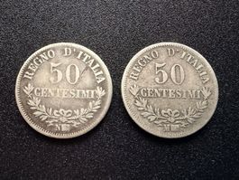 50 Centesimi 1863/1867 Italien-Silbermünzen 835/1000-2 Stück