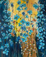 Tableau peinture acrylique fleurs bleues occasion