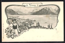 Vevey, Ortsansicht mit See und Dame in T