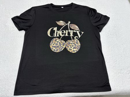 T-shirt noir "Cherry" Léopard, Taille L,  ☀️🍒🐆