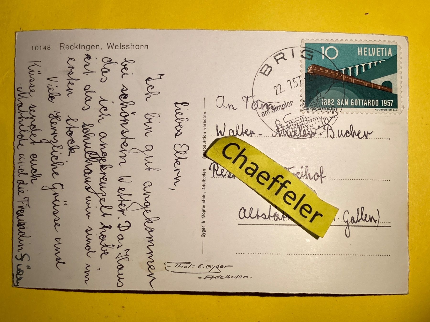 Cartoline postali: 1957 Reckingen, Weisshorn – Usato da Zürich venduto da Chaeffeler 1