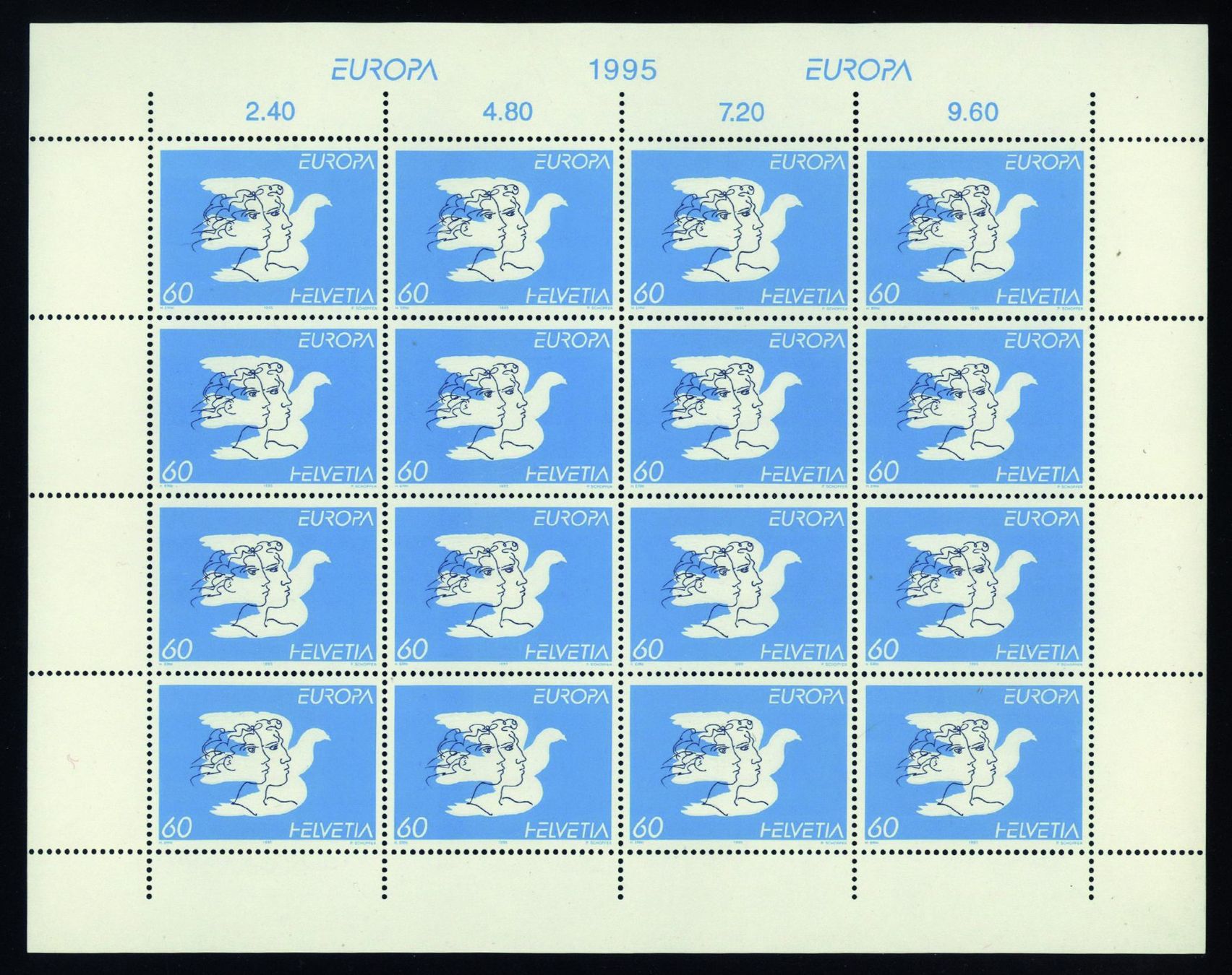 Tutti i francobolli: 1995, Europa, Kleinbogen, 60er-Marke ** – Usato da Willisau venduto da Vollstempel