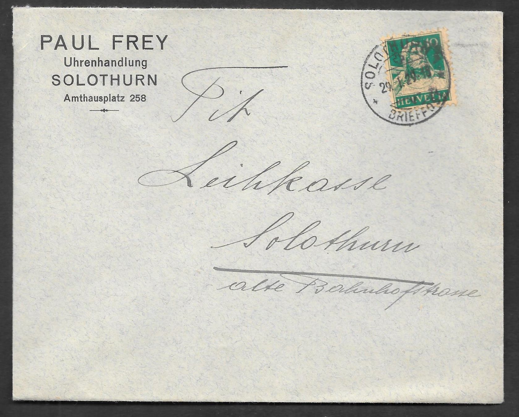 Tutti i francobolli: Solothurn Bedarfsbrief Paul Frey Uhrenhandlung 29.1.1929 – Usato da Olten venduto da clotaldi