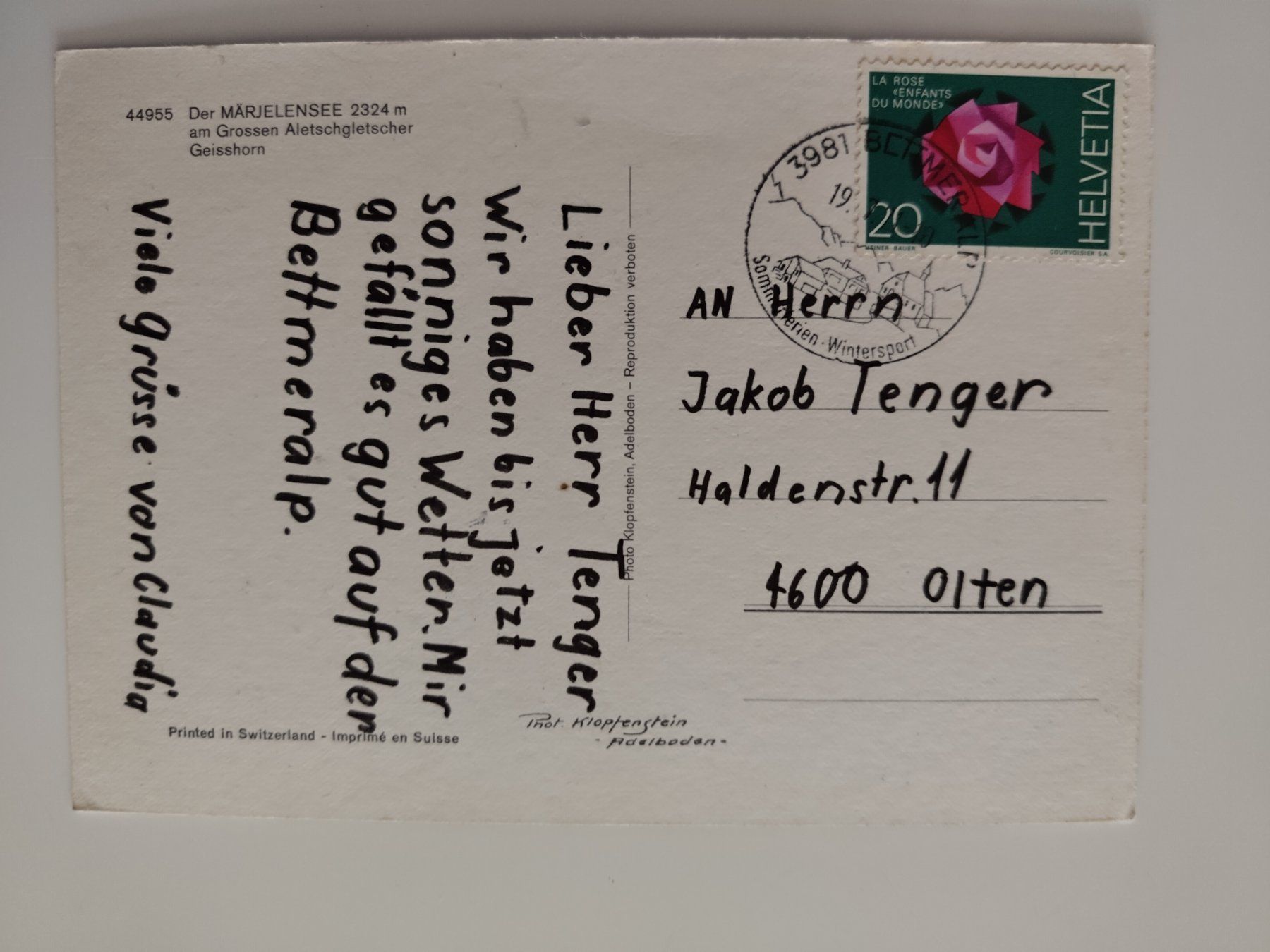 Cartes postales: Aletschgletscher Marjelensee, dat. 1971 – D'occasion à Ohmstal par Lebensfreude05 1
