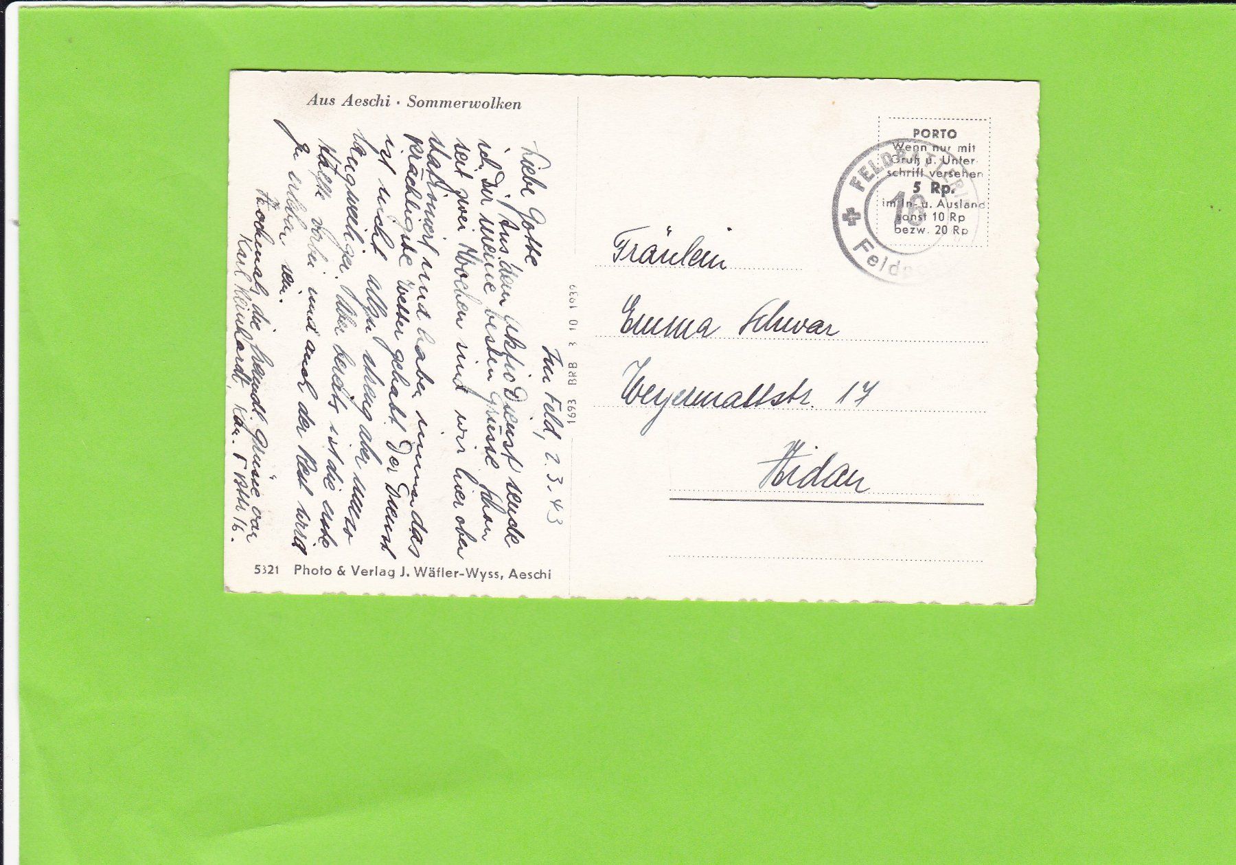 Cartoline postali: Aus Aeschi-Sommerwolken--Feldpost – Usato da St. Peterzell venduto da neckertal 1