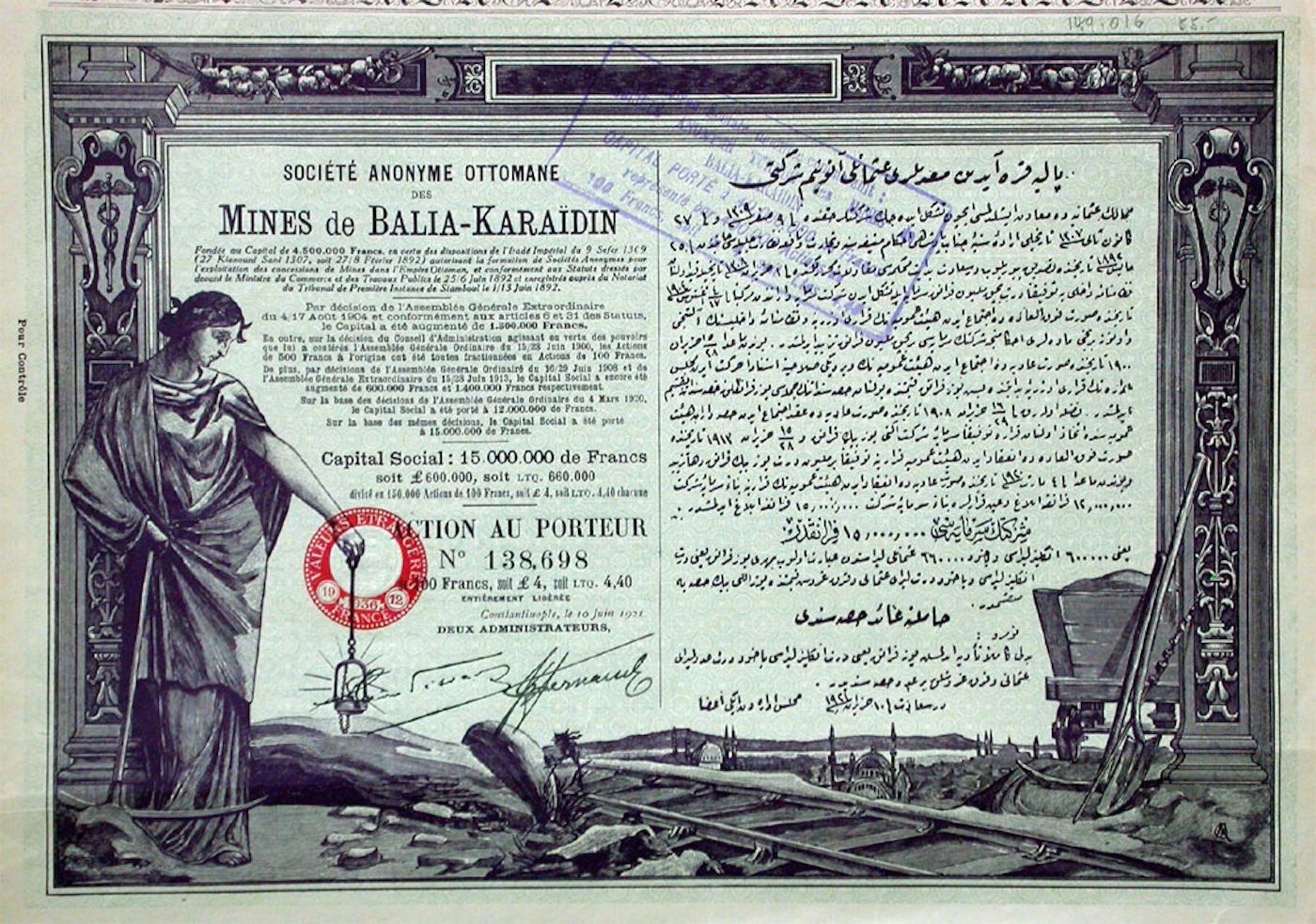 Documenti: Mines de Balia-Karaidin, Constantinople - 1921 – Usato da Solothurn venduto da Sgasche