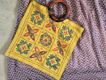 TASCHE SHOPPER EINZELSTÜCK PERLEN HOLZ STICKEREI TOP INDIEN