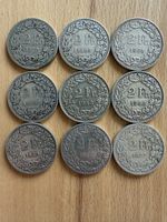 9x 2 Franken Muenzen 1878-1958 verschiedene Jahre gute Erhal