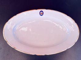 Grosse Antike Porzellan-Servierplatte mit Wappen & Goldrand
