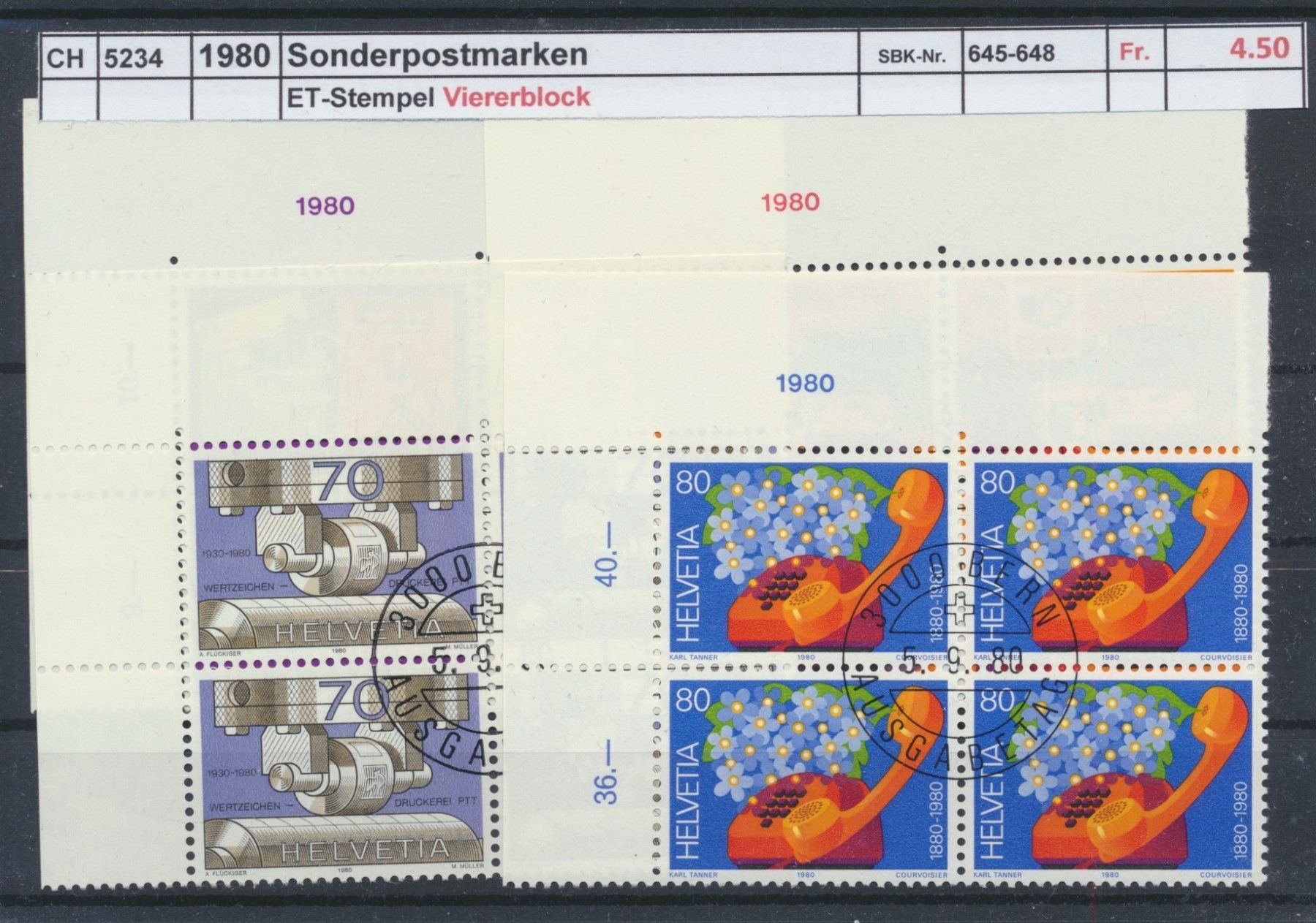 Alle Briefmarken: 1980 "PTT - Serie", Viererblock, ET - Stempel – Gebraucht aus Winterthur von Zupogeru