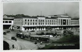 Ancienne carte postale. Genève Gare tramways