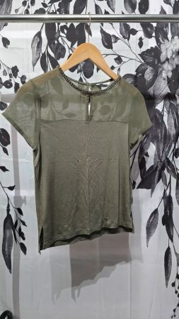H&M Khaki-Shirt - XS - mit Mesh-Einsatz & Strasskragen