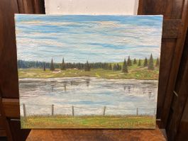 Tableau paysage lac par H. Nicolet, Tramelan 1955 -Signé 59