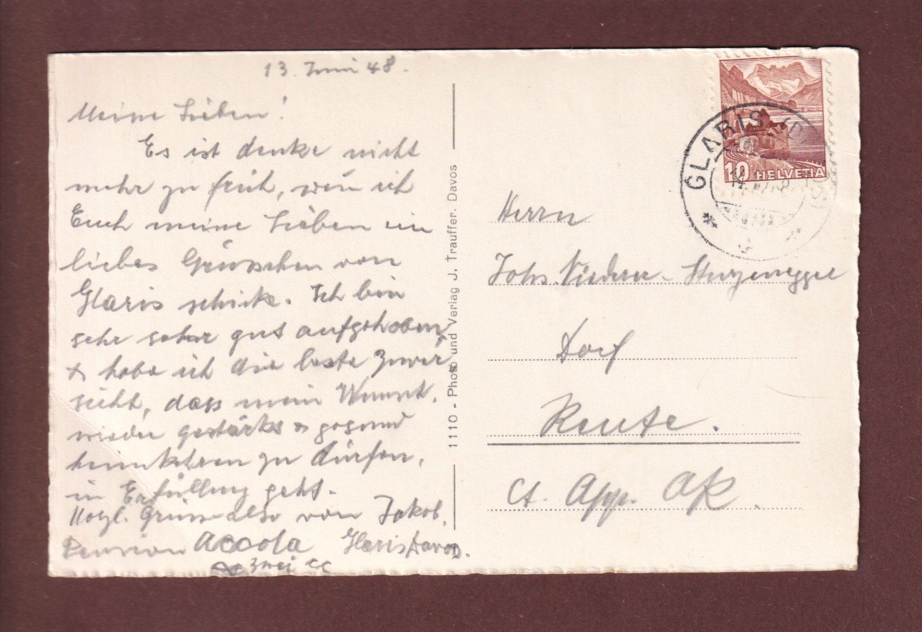 Cartoline postali: DAVOS-GLARIS - 1948 // Falte // – Usato da Pully venduto da nicecards 1