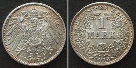 KAISERREICH 1 Mark 1914 D, Silber J.17, prägefrisch! unz