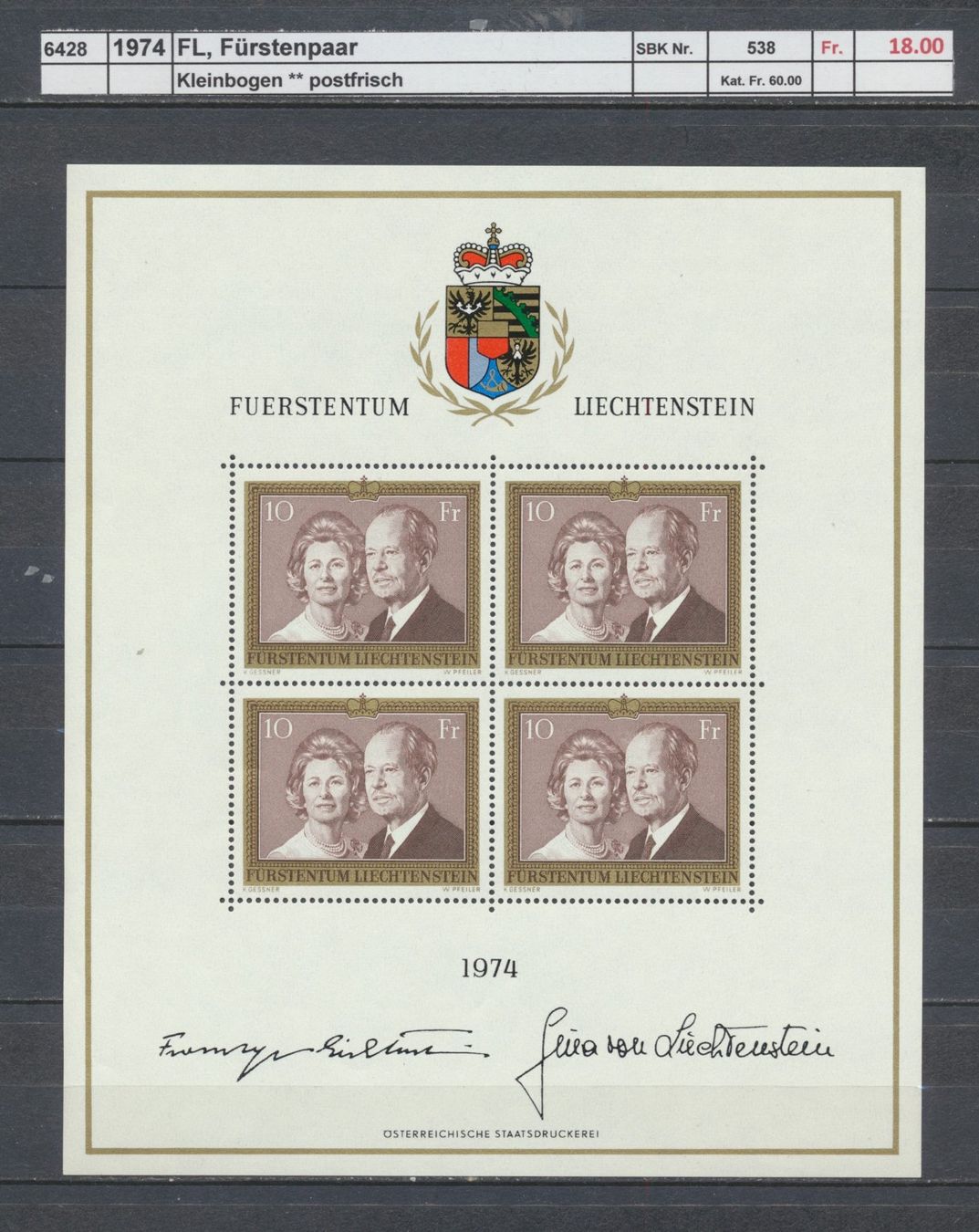 Tutti i francobolli: 1974 FL, "Fürstenpaar", Kleinbogen,  ** postfrisch – Nuovo (secondo la descrizione) da Winterthur venduto da Zupogeru